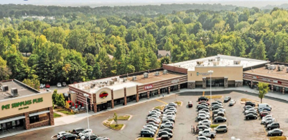 Birdseye view of Creekwoood Commons shopping center.